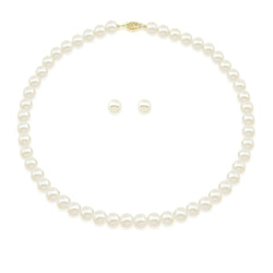 14K Yellow Gold 7.5-8.0mm High Luster White Freshwater Cultured Pearl Necklace, Earrings Set, 20" Length