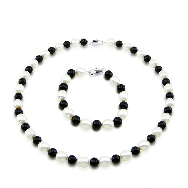 9β10mm White Freshwater Cultured Pearl and Black Onyx Necklace, 18", and Bracelet, 7.5", Set