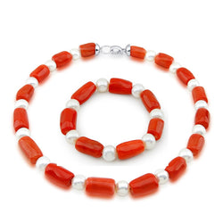 10-11mm Freshwater Cultured Pearl and Red Coral necklace 18" & Bracelet 7.5" Sets