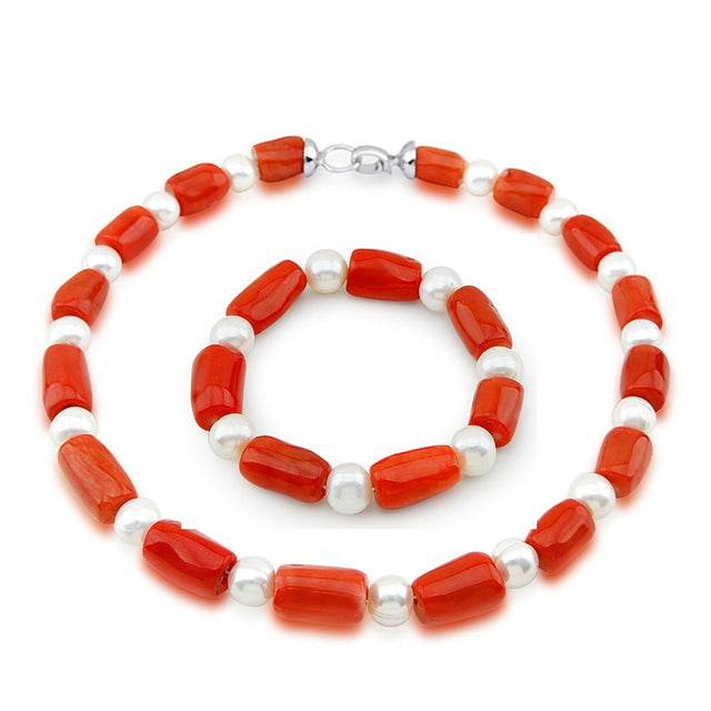 10β11mm Freshwater Cultured Pearl and Red Coral Necklace & Bracelet Set
