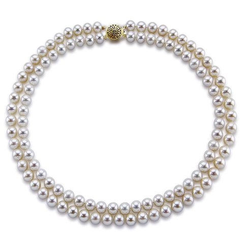14k Gold Double Strand 8.0-9.0mm White Freshwater Cultured Pearl Necklace AAA Quality 17 Inches
