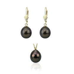 14K Yellow Gold 8β9mm Pear-Shaped Black Tahitian Cultured Pearl Pendant and Leverback Earring Set