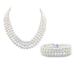 3-Row 6.5β7.5mm White Freshwater Cultured Pearl Necklace, 16.5", 17", 18", and Bracelet, 7.5", Set