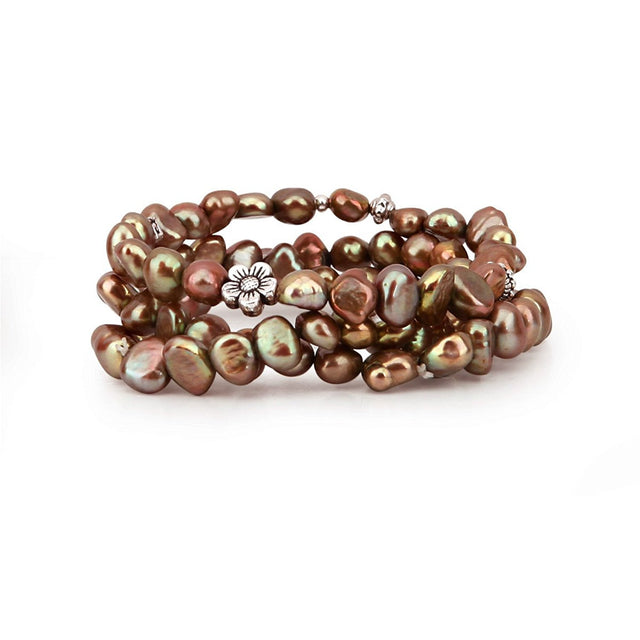 7β8mm Brown Freshwater Cultured Pearl Stretch Bracelets with Base Beads, Set of 3, 7.5"