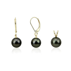 14K Yellow Gold 9.0-10.0mm AAA Round Black Tahitian Cultured Pearl Pendant, Lever Back Earring Sets-03
