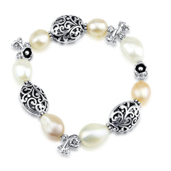 Freshwater Pearl Stretch Bracelet with Bali Beads, 7.5"