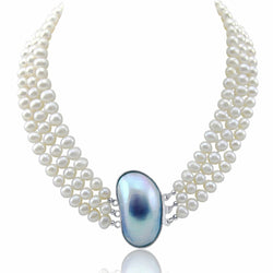 3-Row 6.5β7.5mm White Freshwater Cultured Pearl Necklace, 17", 18" and 19", with Shell Clasp
