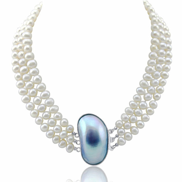 3-Row 6.5β7.5mm White Freshwater Cultured Pearl Necklace, 17", 18" and 19", with Shell Clasp
