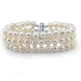 3-Row White A Grade 6.5-7mm Freshwater Cultured Pearl Bracelet, 7.5