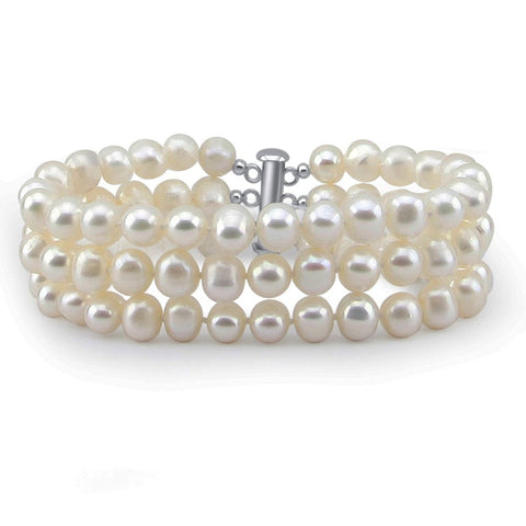 3-Row White A Grade 6.5-7mm Freshwater Cultured Pearl Bracelet, 7.5