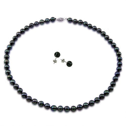 14K White Gold 7β7.5mm Black Akoya Cultured Pearl Necklace, 18", and Earring Set