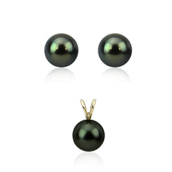 14K Yellow Gold 9β10mm Round Black Tahitian Cultured Pearl Pendant and Stud Earring Set