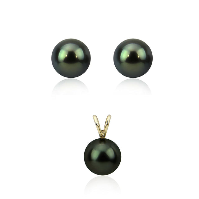 14K Yellow Gold 9β10mm Round Black Tahitian Cultured Pearl Pendant and Stud Earring Set