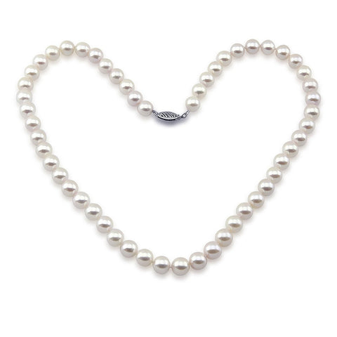 14k White Gold 7.0-7.5mm White Akoya Cultured Pearl High Luster Necklace 18", AAAA Quality