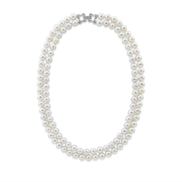 2-Row 7β7.5mm White Freshwater Cultured Pearl Necklace, 17", with Base Metal Rhinestone Clasp