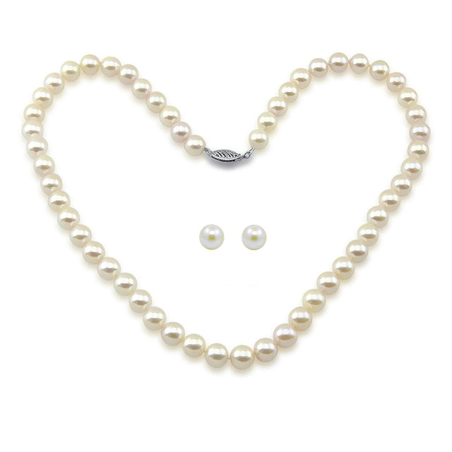 14K White Gold 7β7.5mm White Akoya Cultured Pearl Necklace, 18", and Stud Earring Set