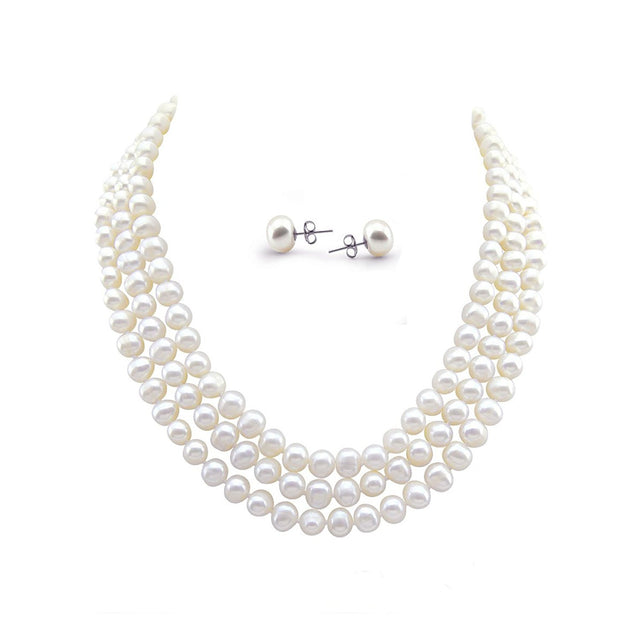 3-Row 6.5β7.5mm White Freshwater Pearl Necklace & Earrings Set