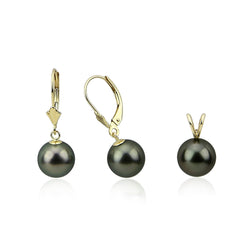 14K Yellow Gold 9β10mm Round Black Tahitian Cultured Pearl Pendant and Lever-Back Earring Set