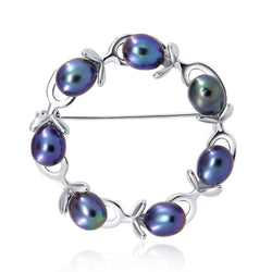 Black Olive Branch Freshwater Cultured Pearl Brooch with Rhodium-Plated Base Metal Setting