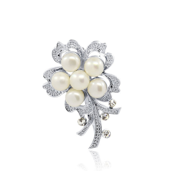 White Freshwater Pearl Flower Brooch with Rhinestones