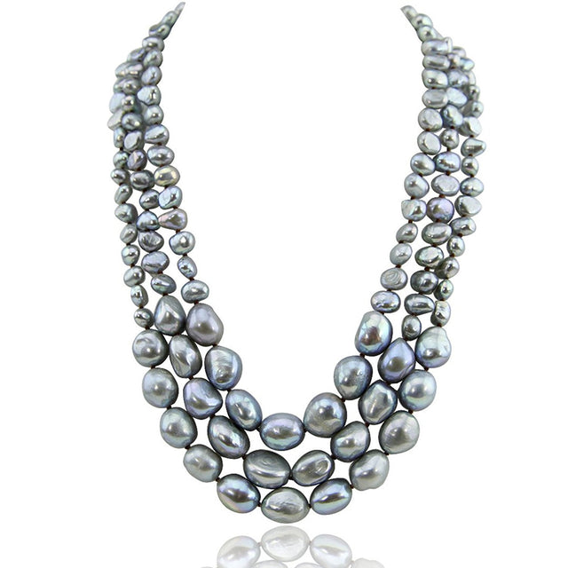 3-Row 7β13mm Grey Freshwater Cultured Pearl Necklace, 17.5β20", with Mother-of-Pearl Base Metal Clasp