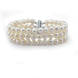 3-Row 6.5β7mm White Freshwater Cultured Pearl Bracelet with Base Metal Clasp, 8"