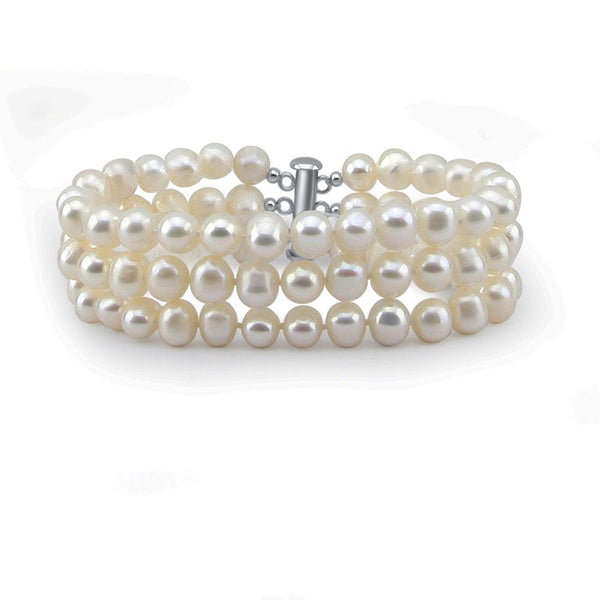 3-Row 6.5–7mm White Freshwater Cultured Pearl Bracelet with Base Metal Clasp, 8"