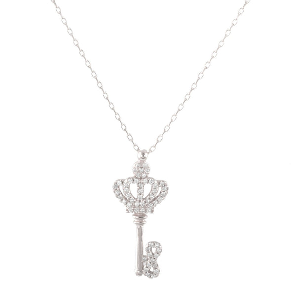 Sterling Silver CZ Pavé Princess's Key Pendant with 18" Chain