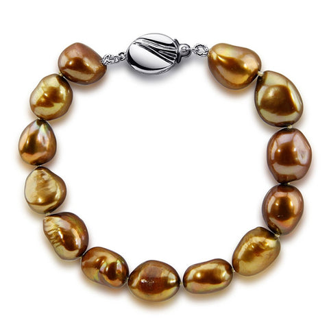 10.0-11.0mm High Luster Brown Baroque Freshwater Cultured Pearl Bracelet 7.5" with base metal clasp