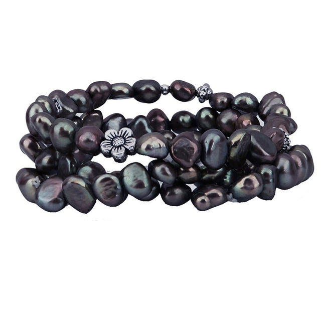7β8mm Dark Chocolate Brown Freshwater Cultured Pearl Stretch Bracelet with Base-Metal Bead, 7.5"