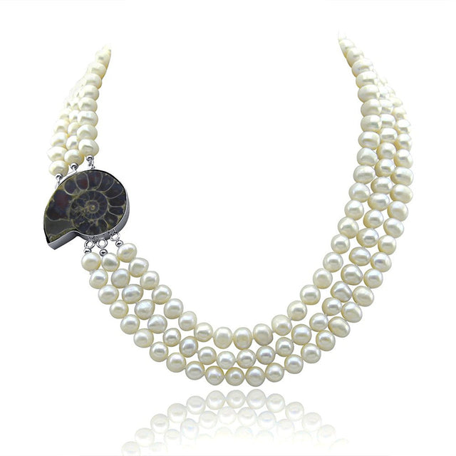 3-Row 6.5β7.5mm White Freshwater Pearl Necklace with Fossil Clasp
