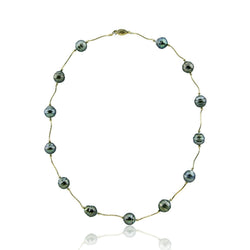 14K Yellow Gold Tahitian Cultured Pearl Station Necklace, 18"