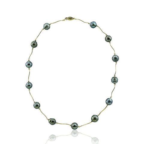 14K Yellow Gold Tahiti Cultured Pearl Station Necklace 20 Inches