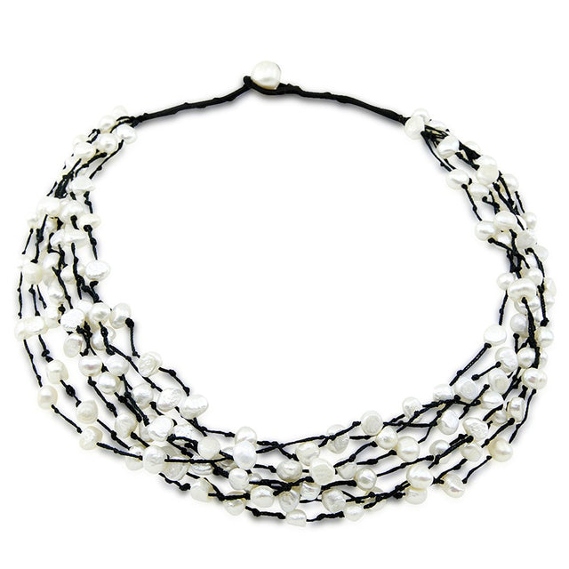 8-Row Hand-Woven White Freshwater Cultured Pearl Necklace, 21"