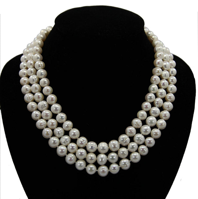 3-Row 9β10mm White CirclΓ© Freshwater Pearl Necklace, 17β19"