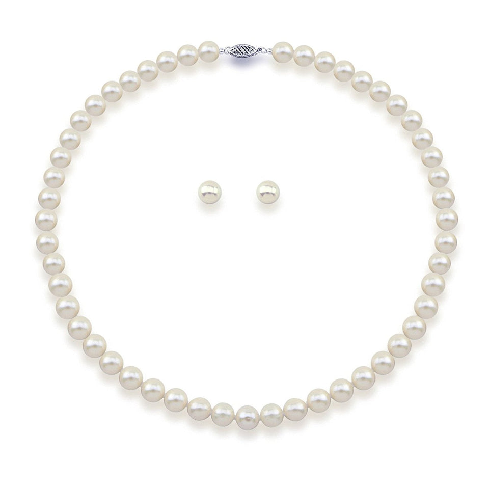 8–9mm white freshwater cultured pearl necklace and stud earring set with 14K white gold findings