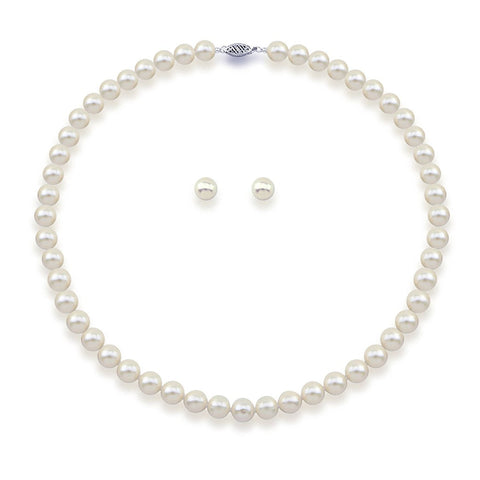14K White Gold 6.5–7mm White Freshwater Cultured Pearl Necklace, 18", and Earring Set