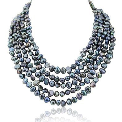 5-Row Black Freshwater Cultured Pearl Necklace with Mother-of-Pearl Base Metal Clasp