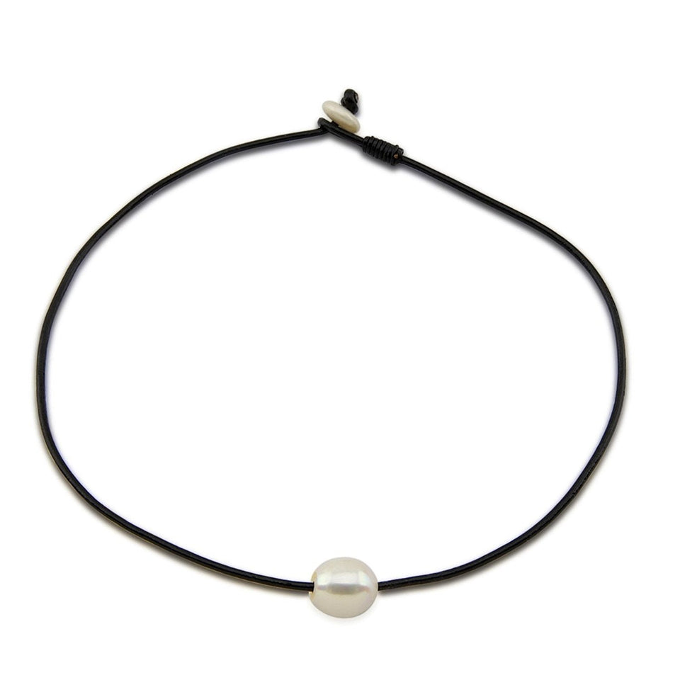 12–13mm White Freshwater Cultured Pearl Leather Necklace, 16"