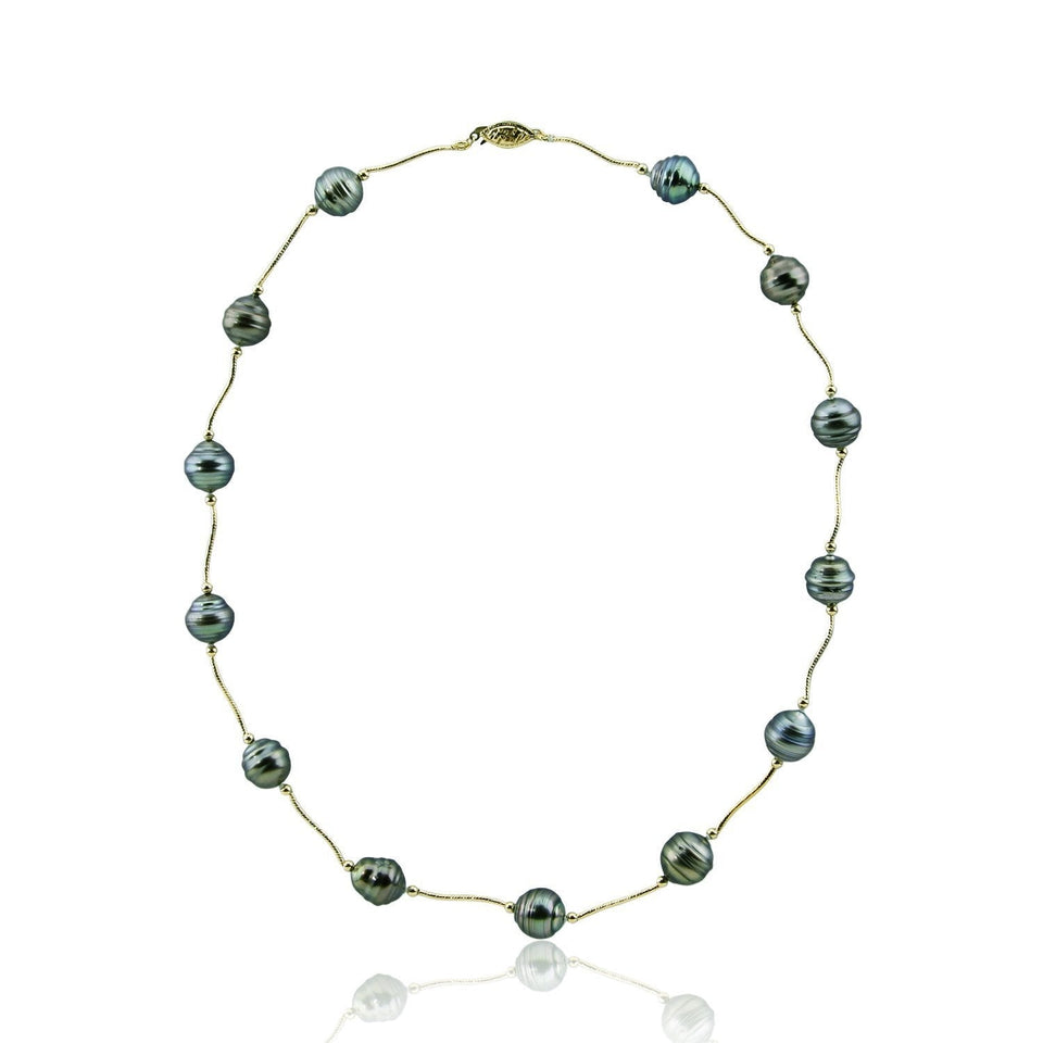 14K Yellow Gold Tahitian Cultured Pearl Station Necklace, 18"