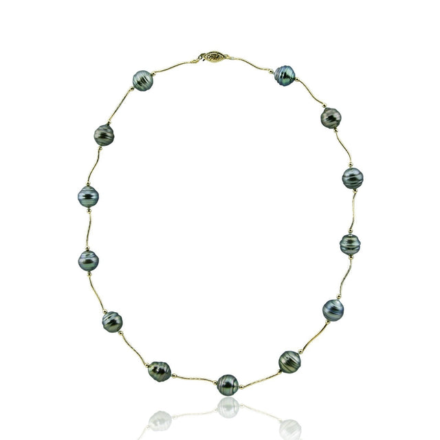 14K Yellow Gold Tahitian Cultured Pearl Station Necklace, 18"