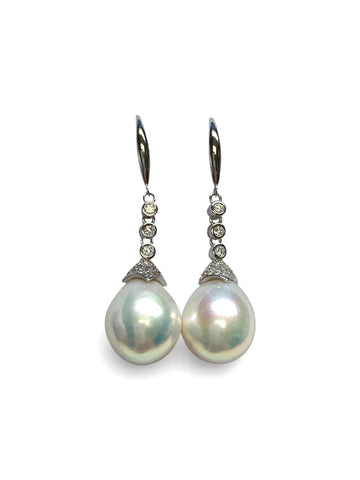Ultra Luster! Genuine Tear Drop Cultured White Edison Pearl Earrings, 18K White Gold Plated Sterling Silver Earring