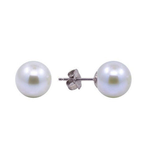 14K White Gold 10-11 mm Round White Genuine Freshwater Cultured Pearl Stud Earrings.