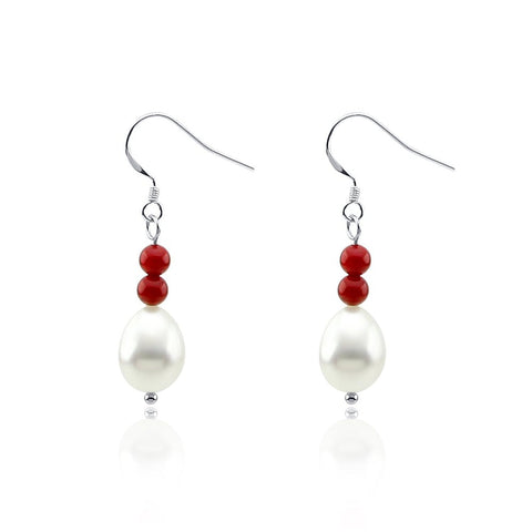 Red Coral and 10-11mm Tear Drop Freshwater Cultured Pearl Earring with Sterling Silver fishhook