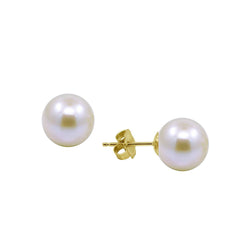 14k Yellow Gold Handpicked 8.5-9.0mm Round White Freshwater Cultured Pearl High Luster Stud Earring
