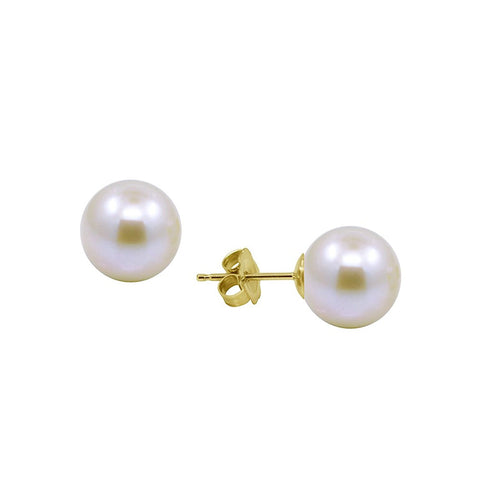 14k Yellow Gold 8.5-9.0mm Round White Cultured Freshwater Pearl Handpicked High Luster Stud Earring