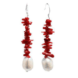 Red Coral & Freshwater Cultured Pearl Earring with Sterling Silver fishhook