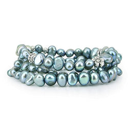 Genuine Freshwater Cultured Pearl 7-8mm Stretch Bracelets with base-metal-beads (Set of 3) 7.5" (Aegean Blue)