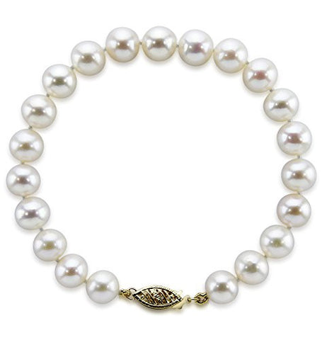 14K Yellow Gold 6.5-7.0mm White Freshwater Cultured Pearl Bracelet 8.0" Length - AAA Quality