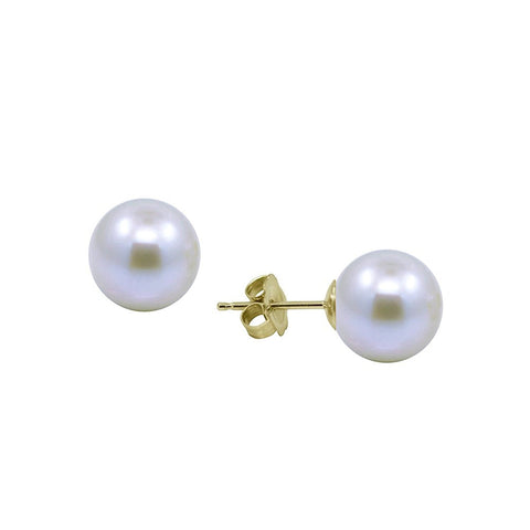 14k Yellow Gold 10-11mm White Round Freshwater Cultured Pearl Handpicked High Luster, Stud Earring